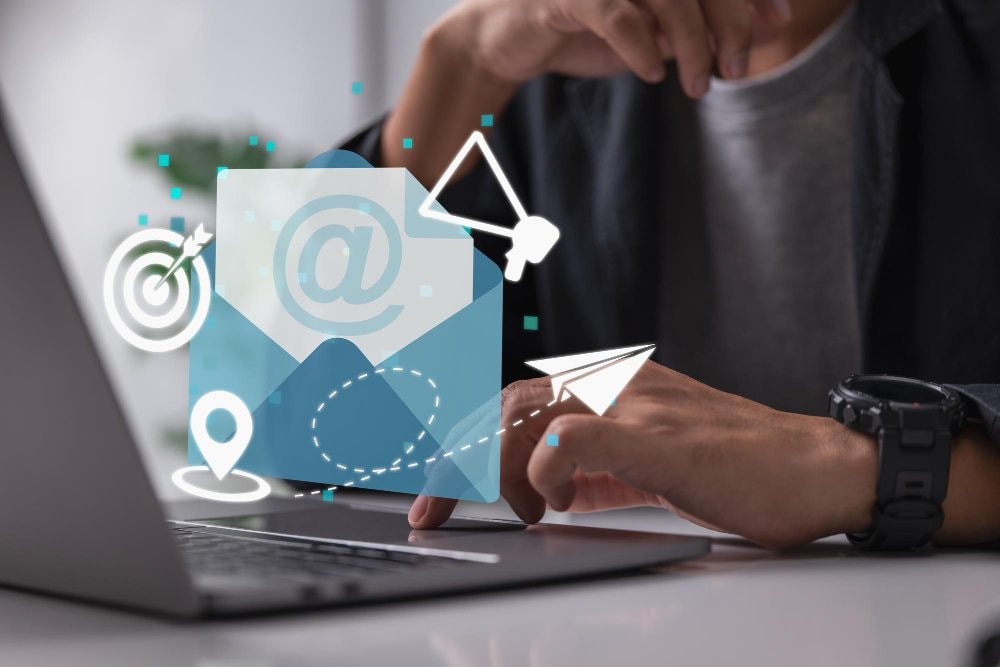 Email newsletter draft open on a laptop